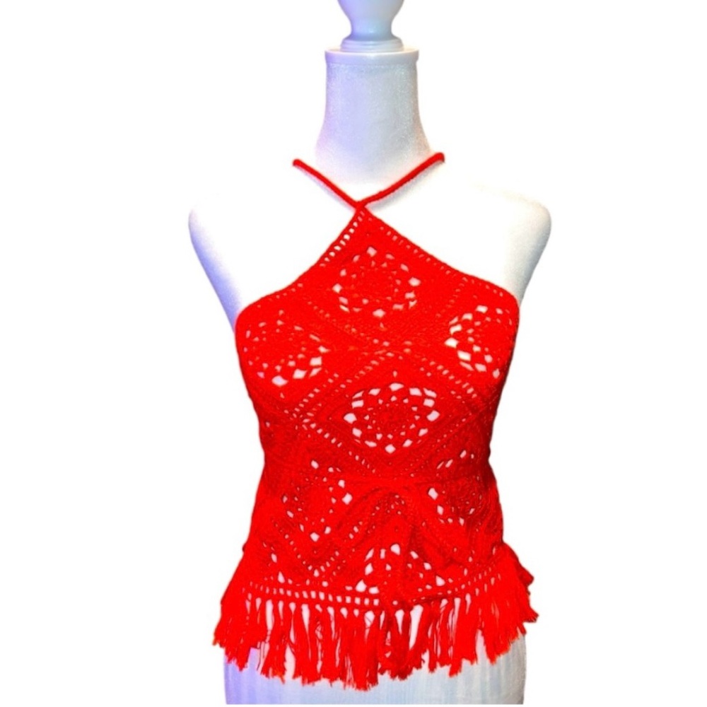Lush Red Crochet Boho Backless Festival Cottagecore Fringe Halter Top Sz Medium